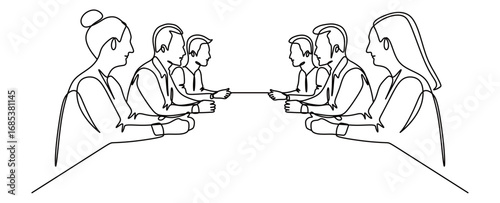 Continuous line art of a group of male and female office workers having a meeting and discussing. Concept of a compact work tic. Vector illustration