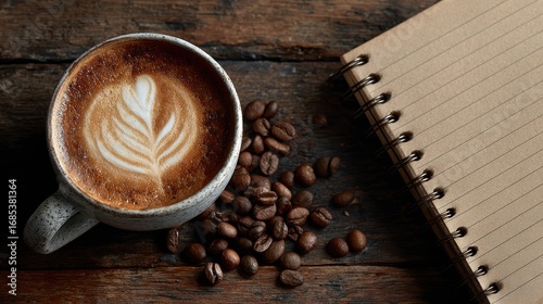 Warm Coffee Cup with Latte Art and Coffee Beans on Wooden Table