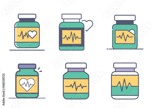 Heart Health Supplements and Medications Vector Icons Illustration, Promoting Cardiac Wellness