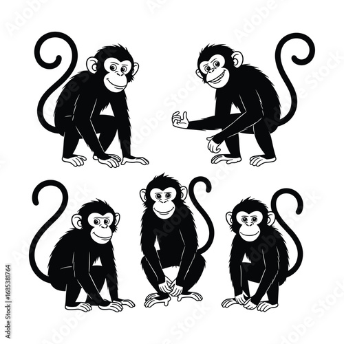 Five black cartoon monkeys in various poses on white background chimpanzee animal