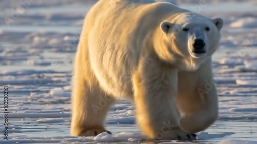 A polar bear walking across melting ice.