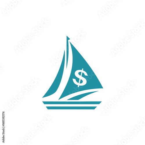 Teal sailboat with dollar sign on white background ocean water
