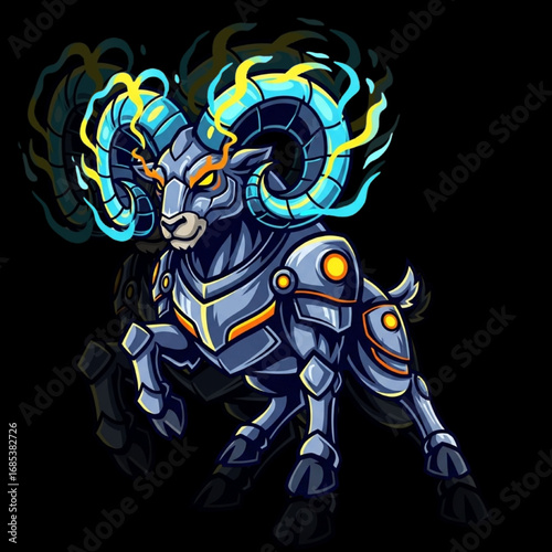 Mecha Ram Mascot Vector
 Armored Fantasy Beast with Flaming Horns Logo Illustration