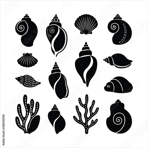 Collection of black silhouette seashells and coral on white background conch scallop