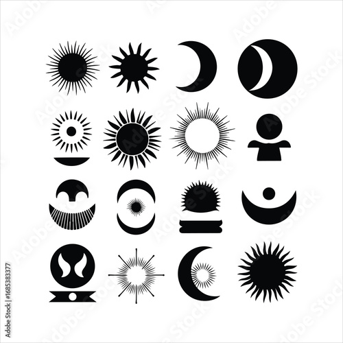 Collection of black celestial body icons including suns and moons on white background symbol