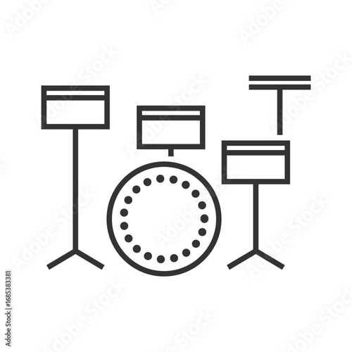 Line art of a drum set with rectangular drums and circular bass drum. Editable stroke. Vector illustration