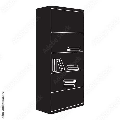 Modern Black Bookshelf Illustration for Home Decor and Organization Concepts with White Outline and Clean Presentation