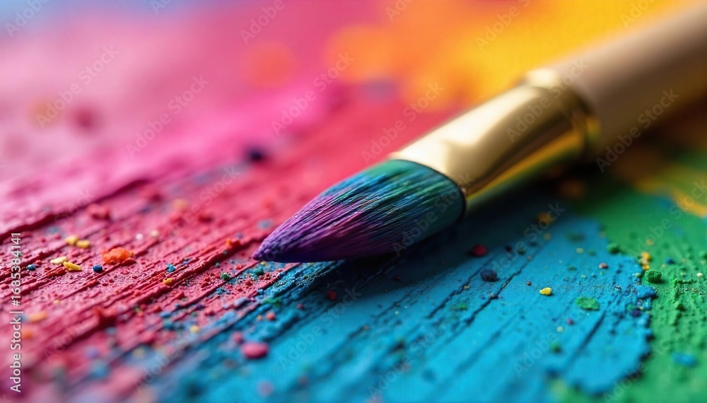 Fototapeta premium Close-up of a paintbrush, bristles saturated with vibrant color, resting on a textured canvas Ready for the next stroke of artistic expression , imagination, vibrant