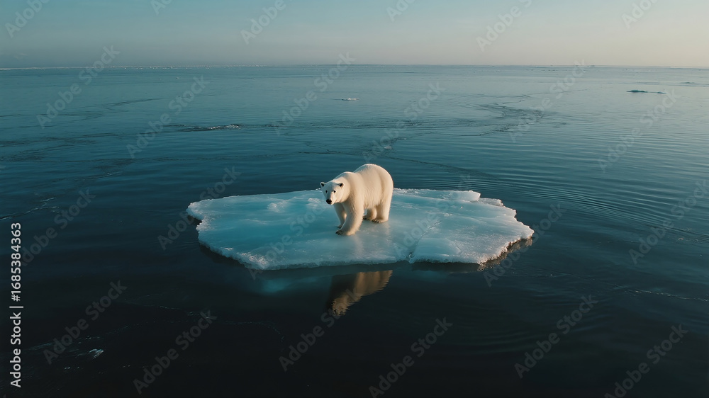 Naklejka premium A lone polar bear on the last shard of melting ice