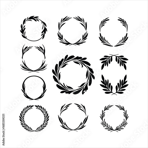 Nine Black Laurel Wreath and Leafy Border Designs frame design element