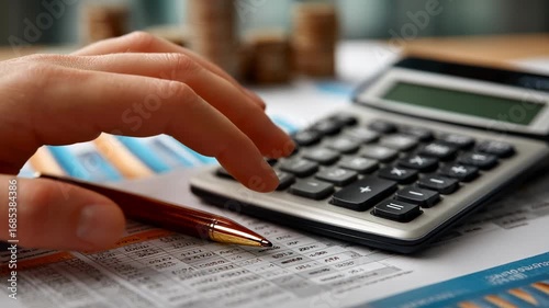 Close-Up of Hand Using Calculator on Financial Report and Documents