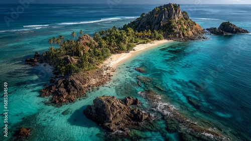 Serene Tropical Paradise with Lush Island and Turquoise Waters