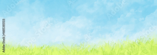 Abstract summer landscape vector watercolor background with blue sky, white clouds and green field. Watercolor illustration for interior, flyers, poster, cover, banner. Modern hand draw painting.