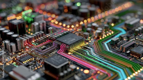 Colorful Circuit Board with Microchips and Neon Pathways
