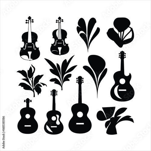Black silhouettes of violins acoustic guitars and floral elements on white background musical instrument