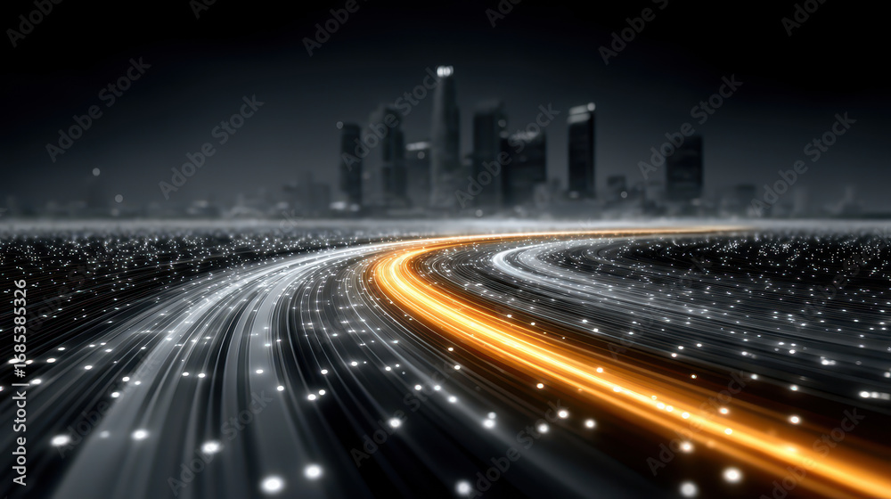 Fototapeta premium Digital rivers of data flow through futuristic cityscape with smart sensors lighting up nodes in real time