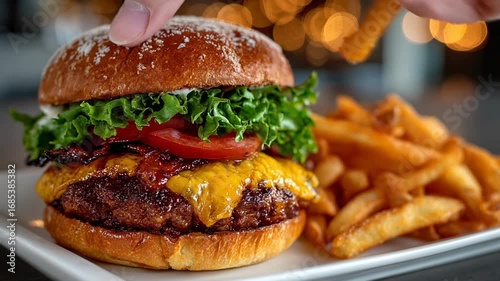 Delicious Juicy Hamburger with Crispy Fries on a Plate
