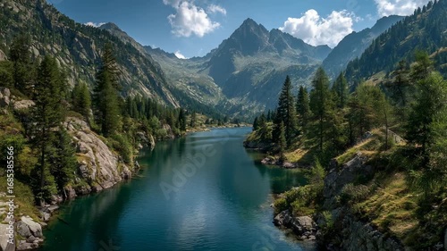 Serene Mountain Landscape with Calm River and Lush Green Forests