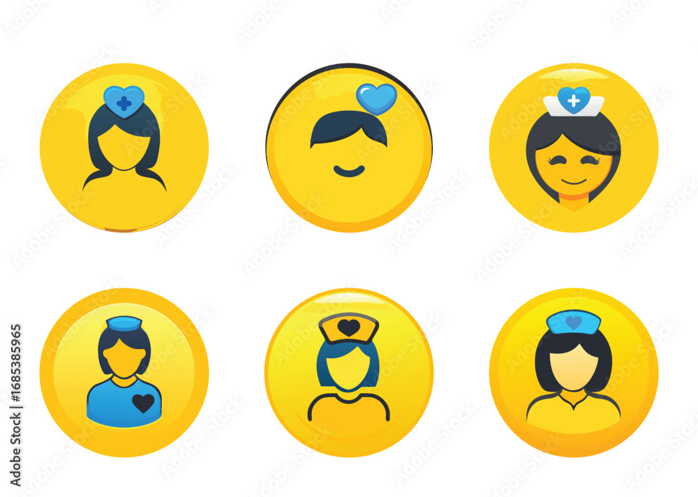 Fototapeta premium Collection of Nurse Emoji Illustrations Featuring Various Hairstyles and Heart Designs