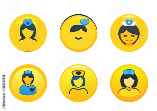 Collection of Nurse Emoji Illustrations Featuring Various Hairstyles and Heart Designs