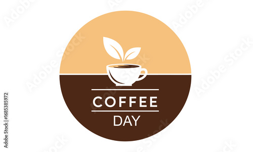 Vector illustration for "Coffee Day" with a minimalist coffee cup and leaves in a two-tone circular logo, isolated on a white background. Perfect for branding and events.