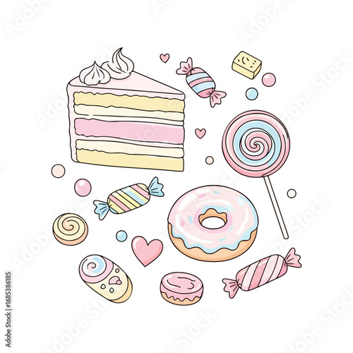 Assortment of pastel colored sweets and desserts arranged in a circular pattern cake slice of cake