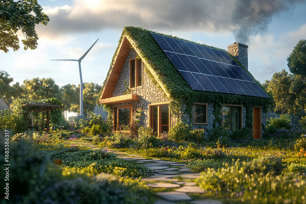 Obraz premium Sustainable Construction Design Featuring Eco-Friendly Living with Solar Panels and Green Roofs Generated by AI
