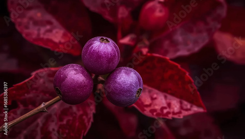 Close-up of purple berries on a branch with deep red leaves.