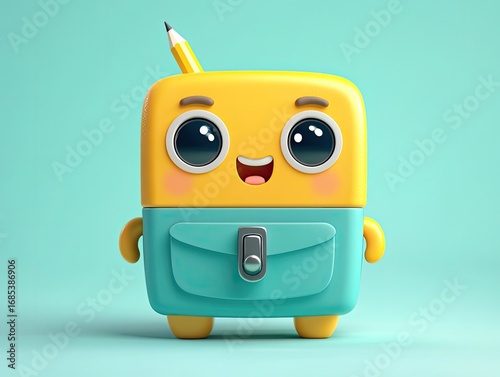 Adorable 3D Pencil Sharpener Icon with Cheerful Expression and Pencil Detail, Perfect for Educational Designs