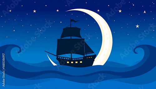 A silhouette ship sailing on a night sea under a crescent moon