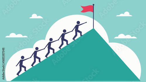 Teamwork and Leadership Illustration of People Climbing Mountain to Success
