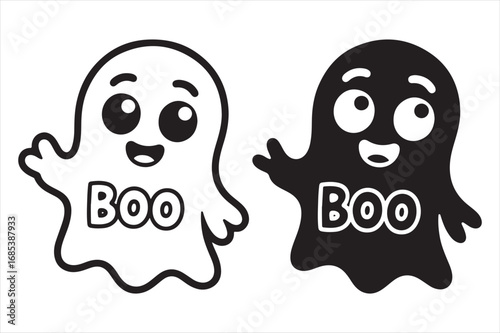 Two cute cartoon ghosts with boo text halloween graphic silhouette white background