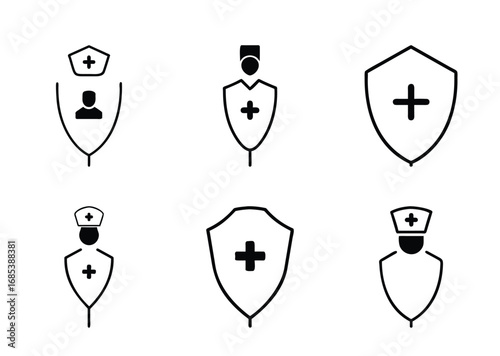 Set of healthcare safety symbols with nurses and medical shields icons