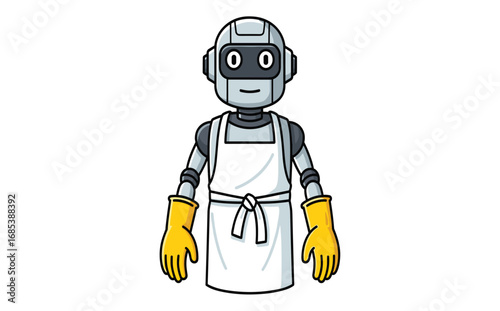 Friendly Robot Chef in Apron and Yellow Gloves Ready to Cook