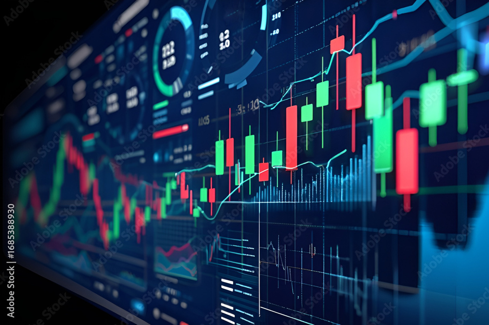 Fototapeta premium Dynamic financial trading concept with digital charts, candlestick patterns, and futuristic market interface in a modern investment environment