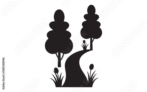 Silhouette of a Winding Path Through Trees with Grass and Cattails Simple Landscape Design Element Black and White