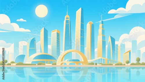 Modern Cityscape with Futuristic Skyscrapers and Reflective Waterfront