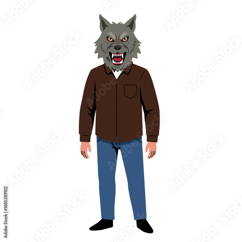 Man wearing werewolf mask with sharp teeth standing