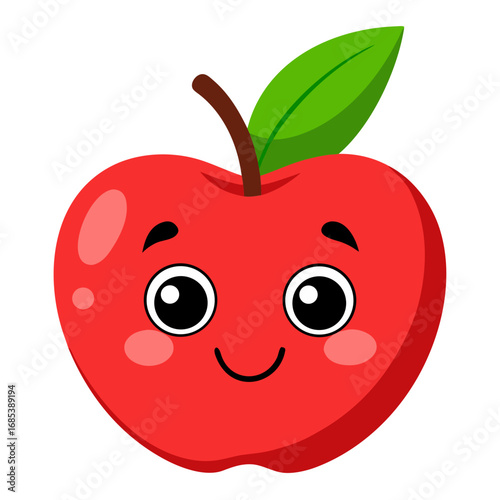 Cute cartoon apple character with smiling face, bright red color, large eyes, and green leaf, representing joy and freshness in a playful illustration style