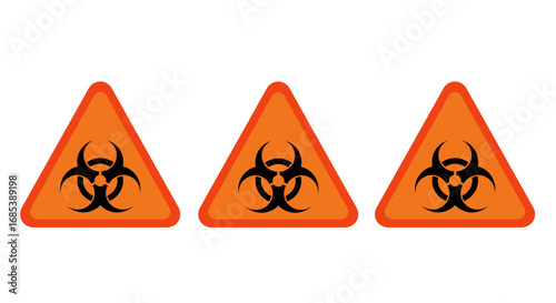 Three orange triangular biohazard warning signs with black biohazard symbols displayed prominently against a clean white background