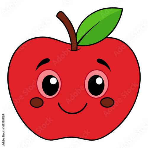 Cute cartoon apple character with bright red color, large expressive eyes, and a green leaf, showcasing a cheerful and playful personality in a fun illustration style