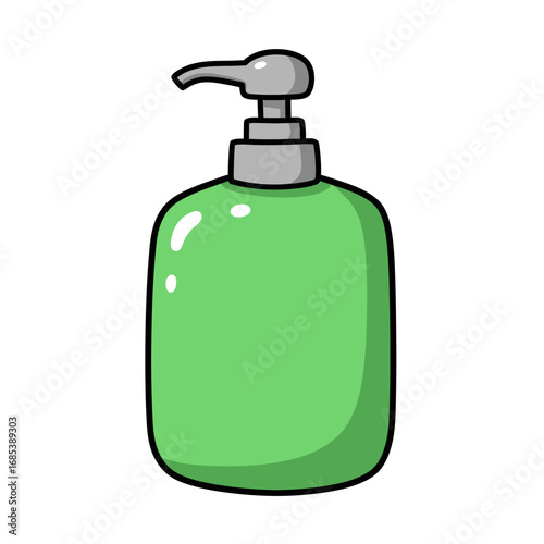 Simple cartoon illustration of a green liquid soap dispenser with a pump mechanism on a white background