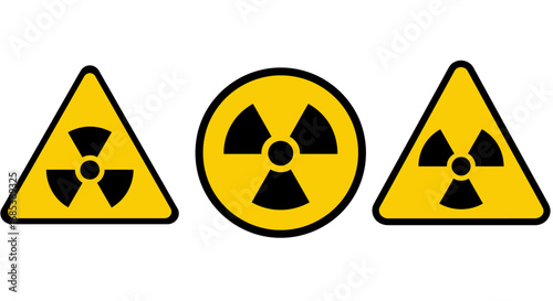 Three distinct radiation hazard warning symbols including two triangles and one circle against a white background representing nuclear danger