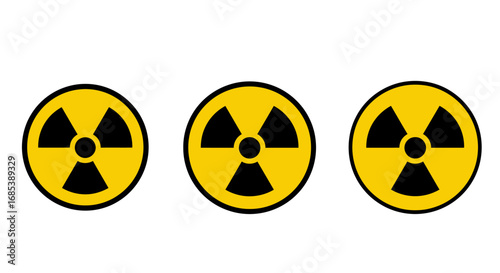 Three bright yellow and black radioactive hazard symbols displayed in a horizontal row against a clean white background representing danger