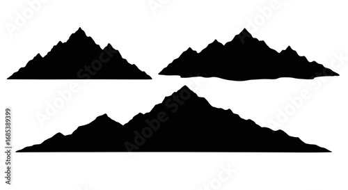 Three distinct black silhouette mountain ranges with jagged peaks and sharp edges against a clean white background representing nature and adventure