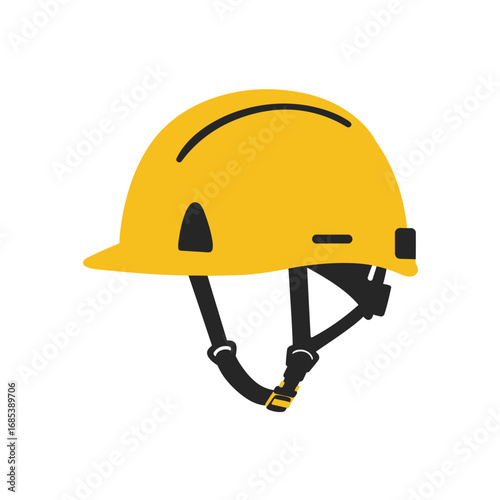 Bright yellow safety hard hat with adjustable chin strap and ventilation slots isolated on a white background for construction and industrial use