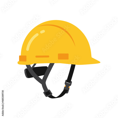 A bright yellow construction hard hat with a black adjustable chin strap and suspension system isolated on a white background
