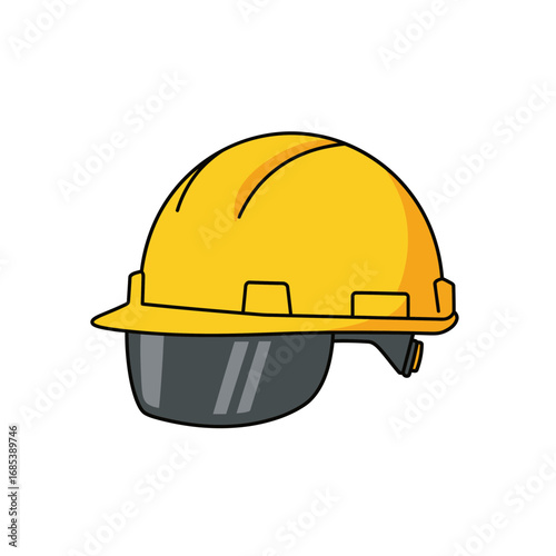 A bright yellow construction hard hat with a dark protective visor symbolizing safety and protection on a job site