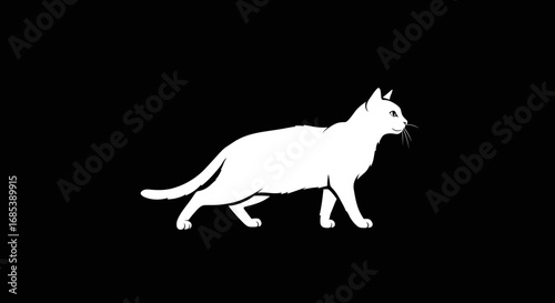 Elegant white cat silhouette captured in profile against a stark black background showcasing its graceful form and alert posture
