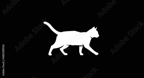 Elegant white cat silhouette walking gracefully with its tail held high against a solid black background symbolizing purity and movement
